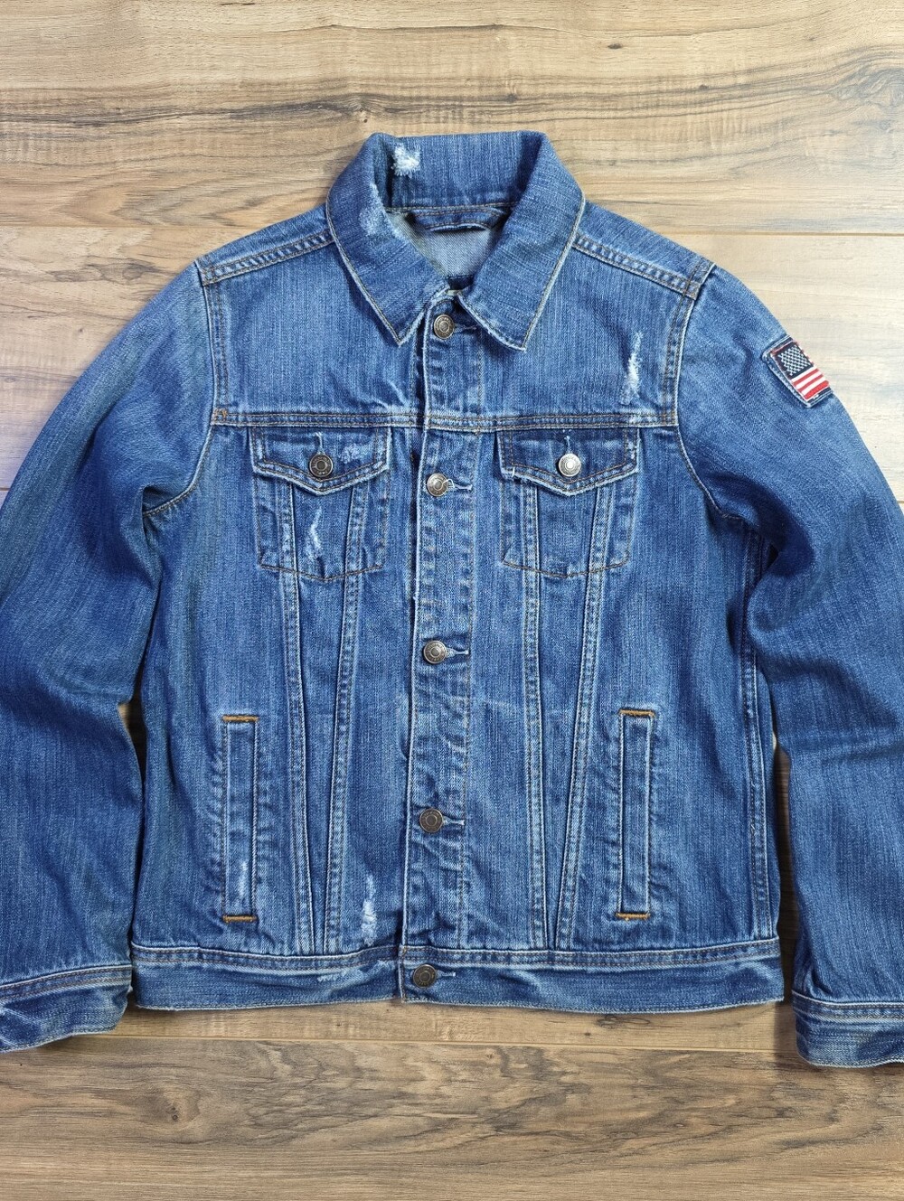 Abercrombie Kids Distressed Denim Trucker Jacket USA Flag Blue 13/14